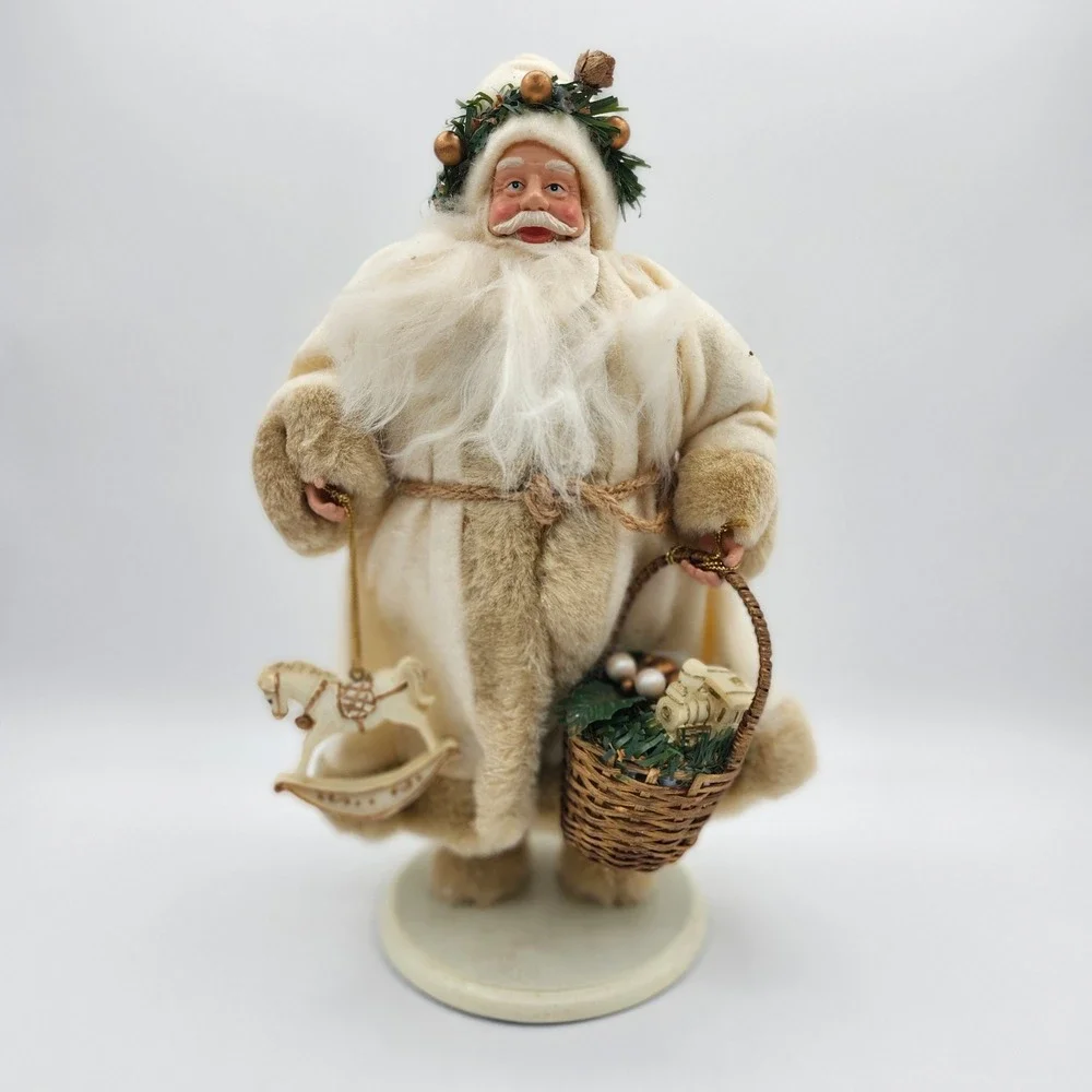 Vintage White Woodland Santa Figurine with Toys &‎ Basket Father Christmas 2001